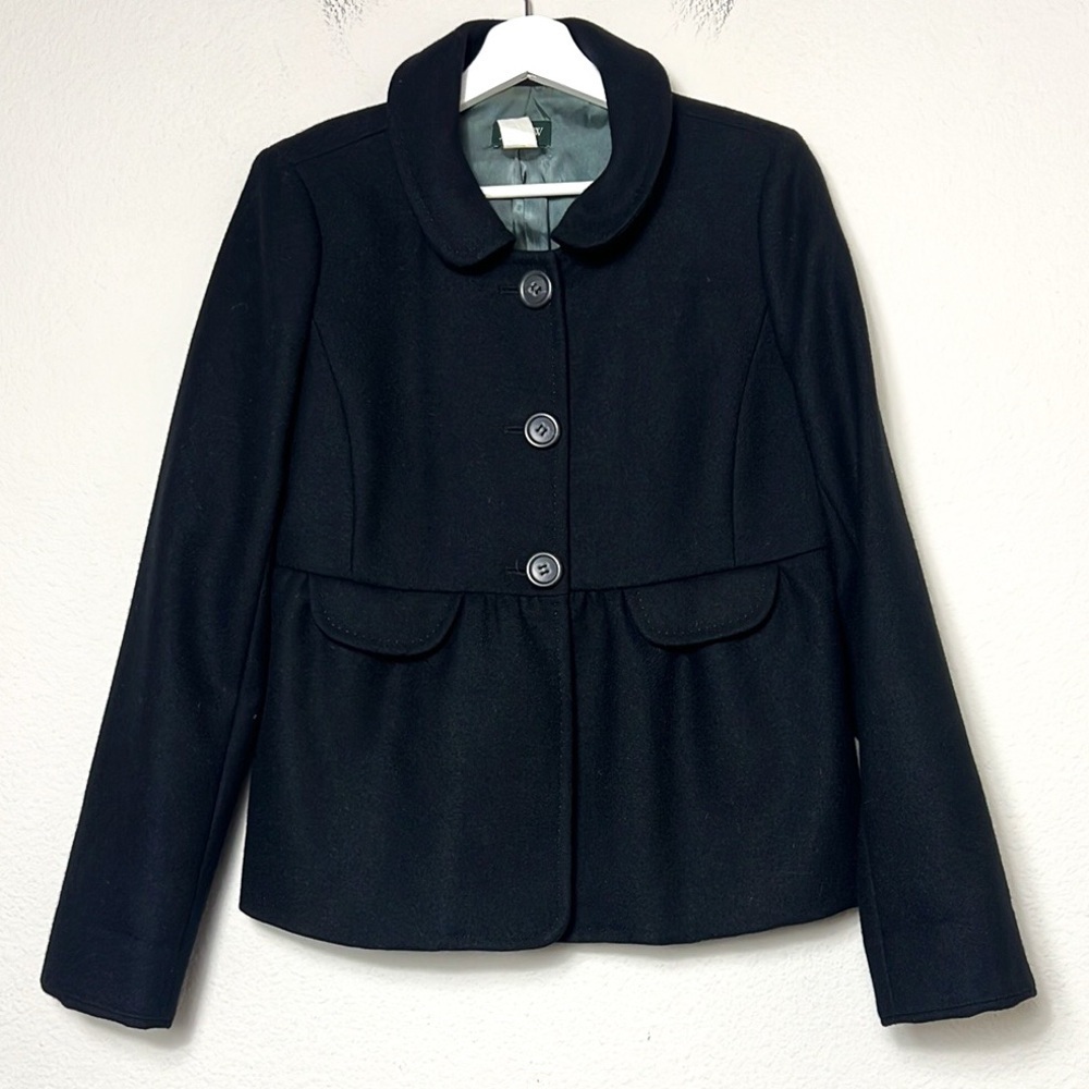J Crew 100% Wool Insulated Black Womens Full Button Coat Jacket Blazer